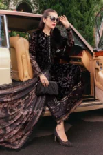 Maria B Winter Luxe 2025 WL-1301 unstitched embroidered velvet & linen suit with printed silk shawl — shop now at Zee Collections UK.