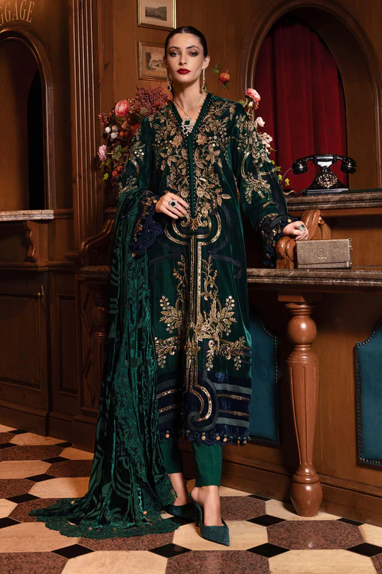 Maria B Winter Luxe 2025 WL-1302 — premium unstitched embroidered velvet & linen suit for winter weddings and festive occasions at Zee Collections UK.