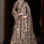 pakistani winter wedding guest dresses. Maria B Winter Luxe 2025 WL-1303 unstitched embroidered velvet & linen suit with organza patches, diamantes, and dyed palachi dupatta at Zee Collections UK.