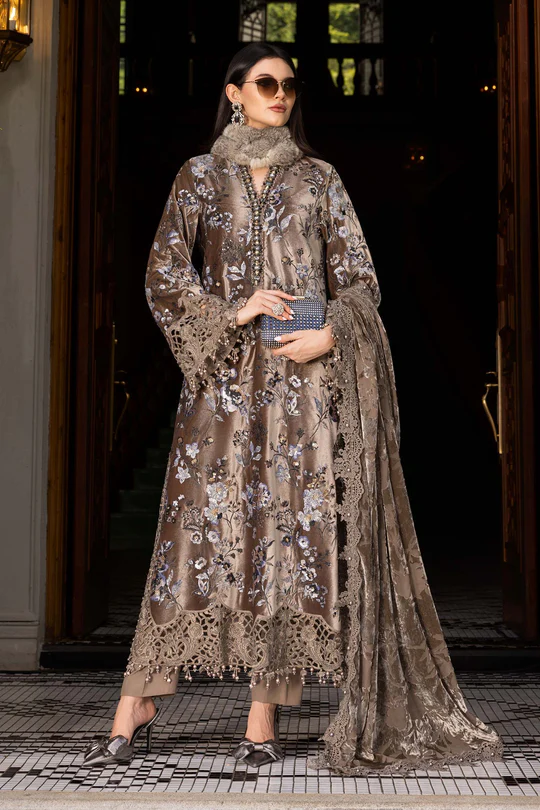pakistani winter wedding guest dresses. Maria B Winter Luxe 2025 WL-1303 unstitched embroidered velvet & linen suit with organza patches, diamantes, and dyed palachi dupatta at Zee Collections UK.