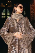 Pakistani winter dresses, Maria B Winter Luxe 2025 WL-1303 unstitched embroidered velvet & linen suit with organza patches, diamantes, and dyed palachi dupatta at Zee Collections UK.
