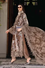 Maria B Winter Luxe 2025 WL-1303 unstitched embroidered velvet & linen suit with organza patches, diamantes, and dyed palachi dupatta at Zee Collections UK.