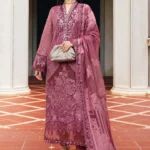 Maria B Winter Luxe 2025 WL-1304 unstitched embroidered organza & velvet suit in Ash Pink with organza Jacquard dupatta at Zee Collections UK.