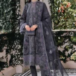 Maria B Winter Luxe 2025 WL-1305 unstitched embroidered velvet suit in lilac & grey with organza dupatta — available at Zee Collections UK.