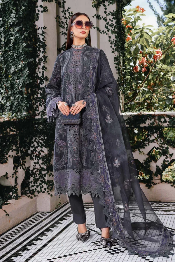 Maria B Winter Luxe 2025 WL-1305 unstitched embroidered velvet suit in lilac & grey with organza dupatta — available at Zee Collections UK.