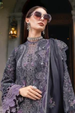 Maria B Winter Luxe 2025 WL-1305 unstitched embroidered velvet suit in lilac & grey with organza dupatta — available at Zee Collections UK.