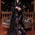 Maria B velvet and linen collection -Winter Luxe 2025 WL-1306 black and purple embroidered velvet unstitched suit with palachi dupatta. Pakistani Clothing Brands in the UK