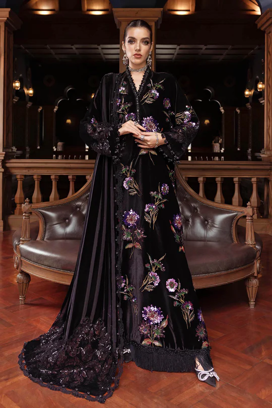 Maria B velvet and linen collection -Winter Luxe 2025 WL-1306 black and purple embroidered velvet unstitched suit with palachi dupatta. Pakistani Clothing Brands in the UK