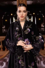 Maria B Winter Luxe 2025 WL-1306 black and purple embroidered velvet unstitched suit with palachi dupatta.