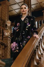 Maria B Winter Luxe 2025 WL-1306 black and purple embroidered velvet unstitched suit with palachi dupatta.