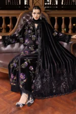 Maria B Winter Luxe 2025 WL-1306 black and purple embroidered velvet unstitched suit with palachi dupatta.