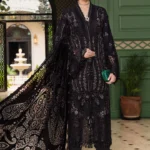 luxurious Maria B Winter Luxe 2025 WL-1307, an elegant black embroidered linen suit with velvet appliques and a plush palachi dupatta.