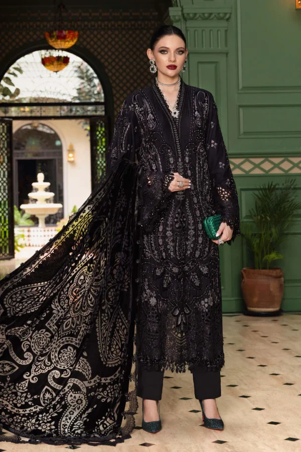 luxurious Maria B Winter Luxe 2025 WL-1307, an elegant black embroidered linen suit with velvet appliques and a plush palachi dupatta.