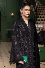 luxurious Maria B Winter Luxe 2025 WL-1307, an elegant black embroidered linen suit with velvet appliques and a plush palachi dupatta. Pakistani Designer Winter Collection with Shawl