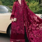 Maria B Winter Luxe 2025 WL-1308 maroon unstitched embroidered Chantilly and velvet suit with palachi dupatta