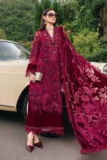 Maria B Winter Luxe 2025 WL-1308 maroon unstitched embroidered Chantilly and velvet suit with palachi dupatta