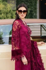 Maria B Winter Luxe 2025 WL-1308 maroon unstitched embroidered Chantilly and velvet suit with palachi dupatta