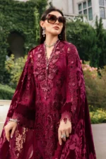 Pakistani Winter Dresses, Maria B Winter Luxe 2025 WL-1308 maroon unstitched embroidered Chantilly and velvet suit with palachi dupatta. Pakistani Designer Winter Collection with Shawl