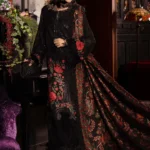 Maria B Winter Luxe 2025 WL-1309 black and red unstitched embroidered linen suit with woven shawl
