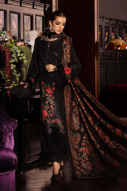 Maria B Winter Luxe 2025 WL-1309 black and red unstitched embroidered linen suit with woven shawl