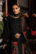 Maria B Winter Luxe 2025 WL-1309 black and red unstitched embroidered linen suit with woven shawl