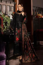 Maria B Winter Luxe 2025 WL-1309 black and red unstitched embroidered linen suit with woven shawl