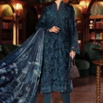 Maria B velvet and linen collection -Winter Luxe 2025 WL-1310 teal unstitched embroidered velvet suit with printed silk shawl