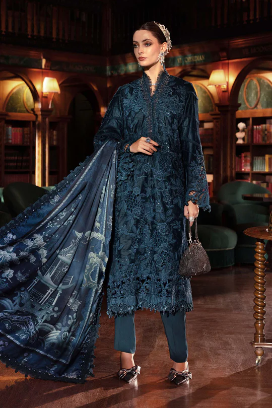 Maria B velvet and linen collection -Winter Luxe 2025 WL-1310 teal unstitched embroidered velvet suit with printed silk shawl