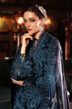Maria B Winter Luxe 2025 WL-1310 teal unstitched embroidered velvet suit with printed silk shawl, pakistani winter wedding guest dresses
