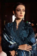 Maria B Winter Luxe 2025 WL-1310 teal unstitched embroidered velvet suit with printed silk shawl