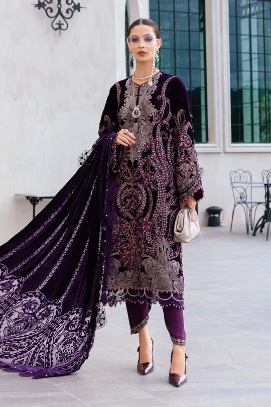 Maria B Winter Luxe 2025 WL-1311 Dark Purple embroidered velvet unstitched suit with palachi dupatta