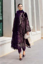 Maria B Winter Luxe 2025 WL-1311 Dark Purple embroidered velvet unstitched suit with palachi dupatta