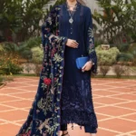 Maria B Winter Luxe 2025 WL-1312 Navy Blue embroidered linen unstitched suit with velvet shawl. How to Wear a Shawl | Easy Styling Guide for Women