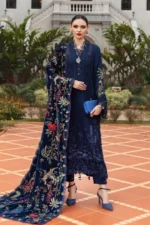 Maria B Winter Luxe 2025 WL-1312 Navy Blue embroidered linen unstitched suit with velvet shawl. How to Wear a Shawl | Easy Styling Guide for Women
