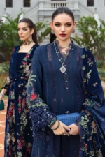 Maria B Winter Luxe 2025 WL-1312 Navy Blue embroidered linen unstitched suit with velvet shawl