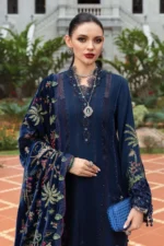 Maria B Winter Luxe 2025 WL-1312 Navy Blue embroidered linen unstitched suit with velvet shawl