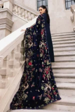 Maria B Winter Luxe 2025 WL-1312 Navy Blue embroidered linen unstitched suit with velvet shawl