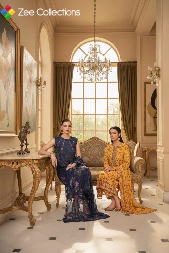 Maria B Unstitched Lawn Collection 2025 UK – M.Basics & Luxe Lawn Editions 2 Maria B unstitched lawn Collection 2025 sitting on a couch