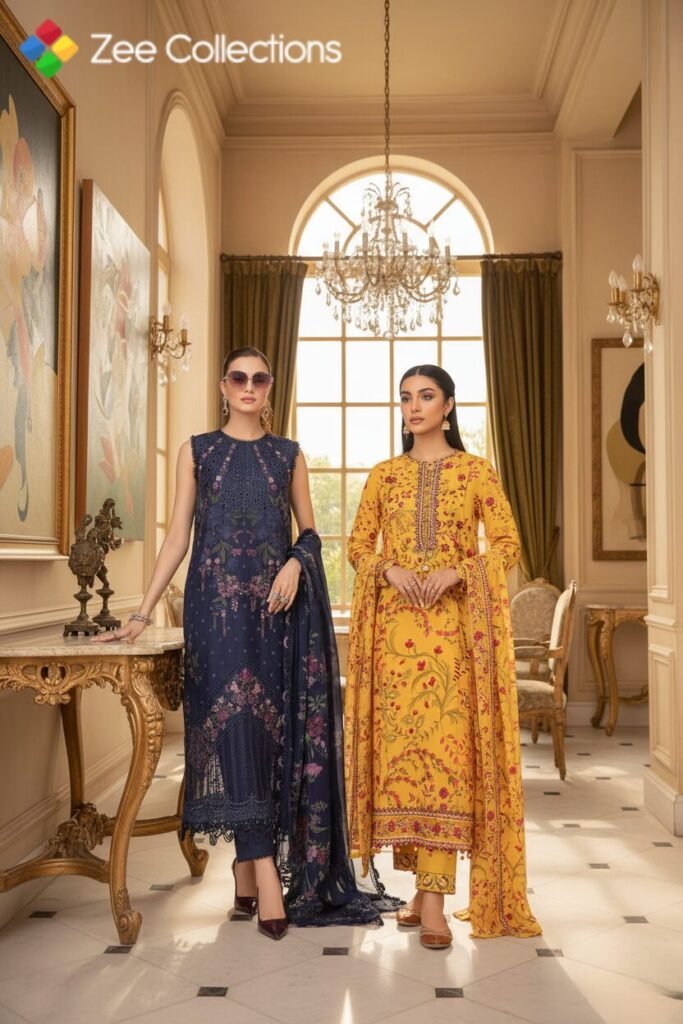 Maria B Unstitched Lawn Collection 2025 UK – M.Basics & Luxe Lawn Editions 1 Maria B unstitched lawn Collection 2025 showcasing two elegant embroidered summer outfits in a classic indoor setting