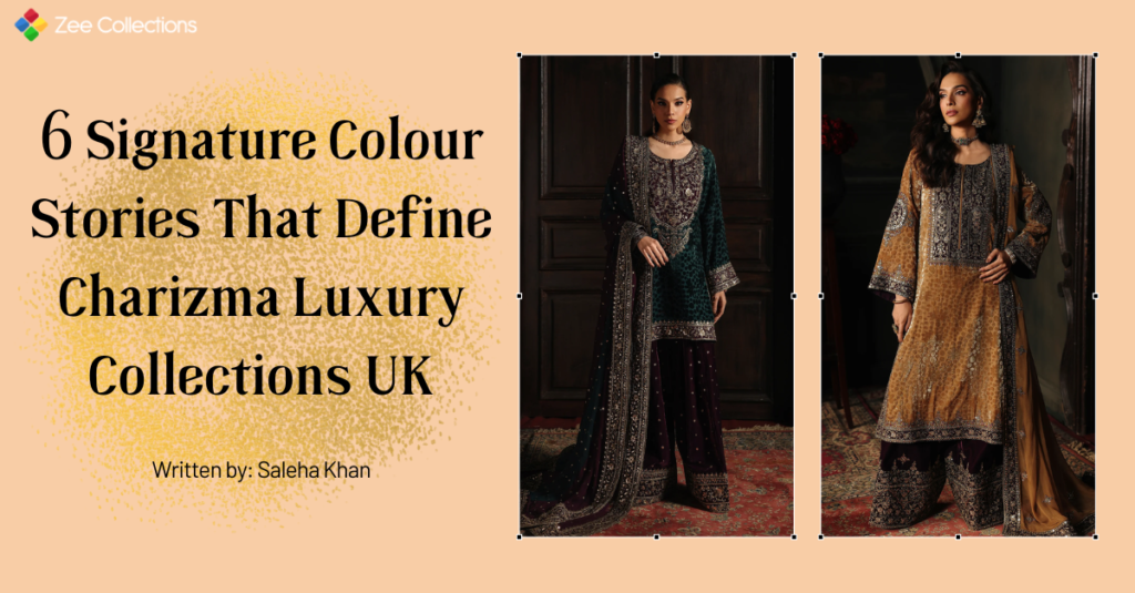 Charizma Luxury Collections UK winter formal outfits featuring embroidered velvet suits with chiffon dupattas in deep jewel and metallic tones.