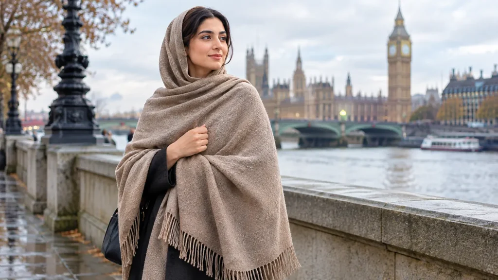 Woman wearing a beige woolen shawl in a classic both-shoulder wrap on a cold London day, showing a warm and elegant styling idea for UK winter weather.