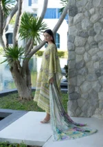Elaf Unstitched Lawn Prints '26-EPN-4A AVOCADO digital printed lawn suit with voile dupatta and cambric trouser in green tones, side look