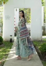 features soft botanical florals, vintage motifs, and detailed borders. 3-piece suit with cambric trouser and voile dupatta. side look and sleeves design