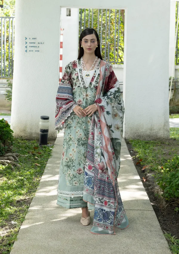 Elaf Unstitched Lawn Prints '26-EPN-6B OPALINE GARDEN features soft botanical florals, vintage motifs, and detailed borders. 3-piece suit with cambric trouser and voile dupatta.
