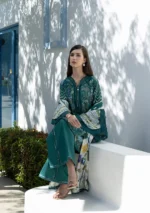 Elaf Unstitched Lawn Prints '26-EPN-9A PEACOCK with floral clusters, polka accents, chevron patterns, straight relaxed cutline & wide sleeves, model in sitting position