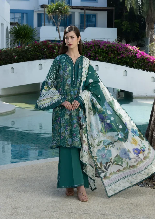 Elaf Unstitched Lawn Prints '26-EPN-9A PEACOCK with floral clusters, polka accents, chevron patterns, straight relaxed cutline & wide sleeves, full front look