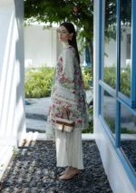Elaf Unstitched Lawn Prints ’26 EPN-9B CHANTILLY with scattered florals, soft vine motifs, layered borders & lace accents on neckline & hem, side look