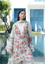 Elaf Unstitched Lawn Prints ’26 EPN-9B CHANTILLY with scattered florals, soft vine motifs, layered borders & lace accents on neckline & hem, front shirt neck design