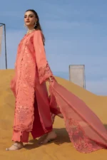 Rang Rasiya Embroidered Lawn Suit 2026 | ELNAZ - Heavy unstitched lawn suit with Schifli neck, organza 3D flowers, cutwork, and embroidered borders, side look