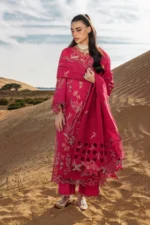 Rang Rasiya Embroidered Lawn Suit 2026 | SAFA with organza cutwork daman, 3D floral embroidered sleeves, textured dupatta and embroidered trouser border, front look